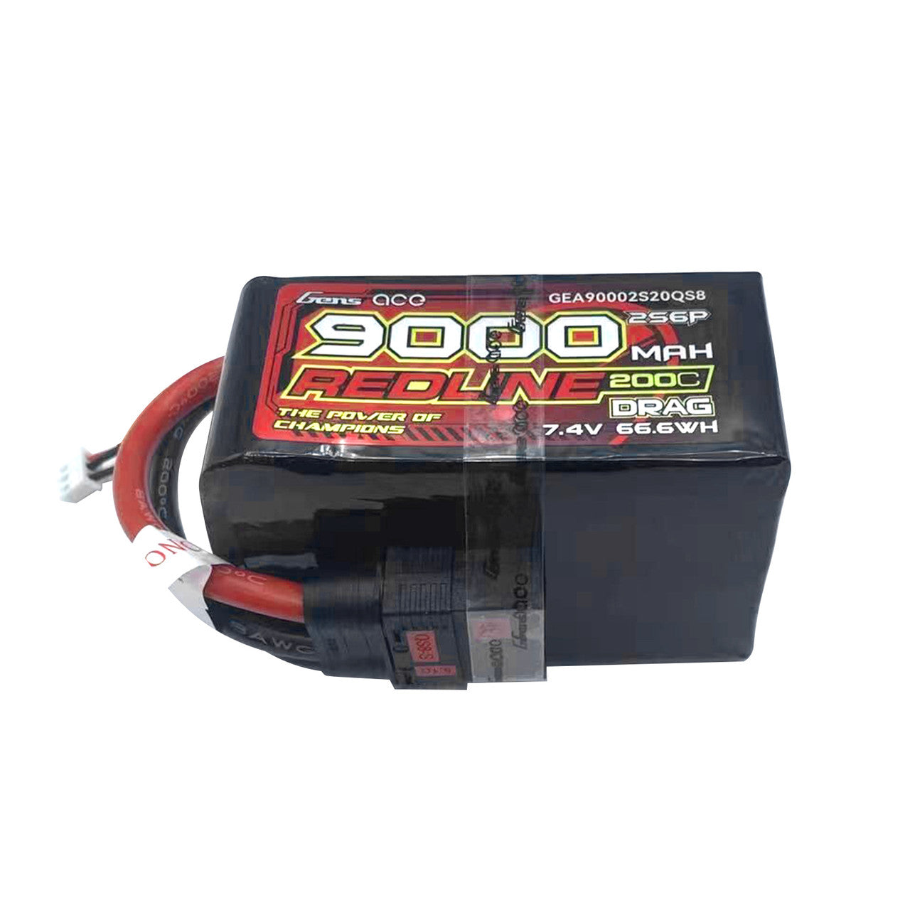 Black battery pack with red and white text on a white background