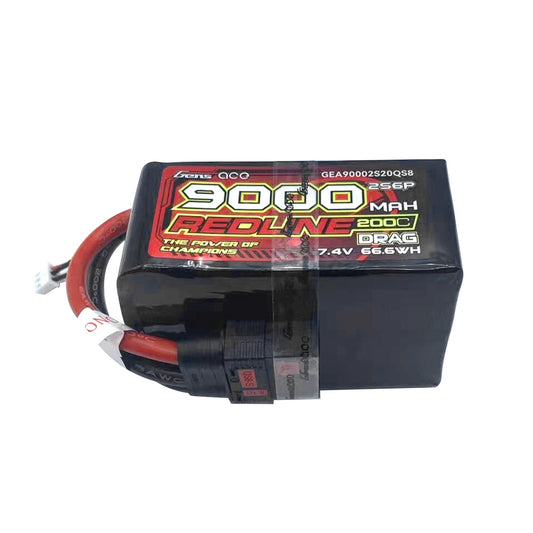 Black battery pack with red and white text on a white background