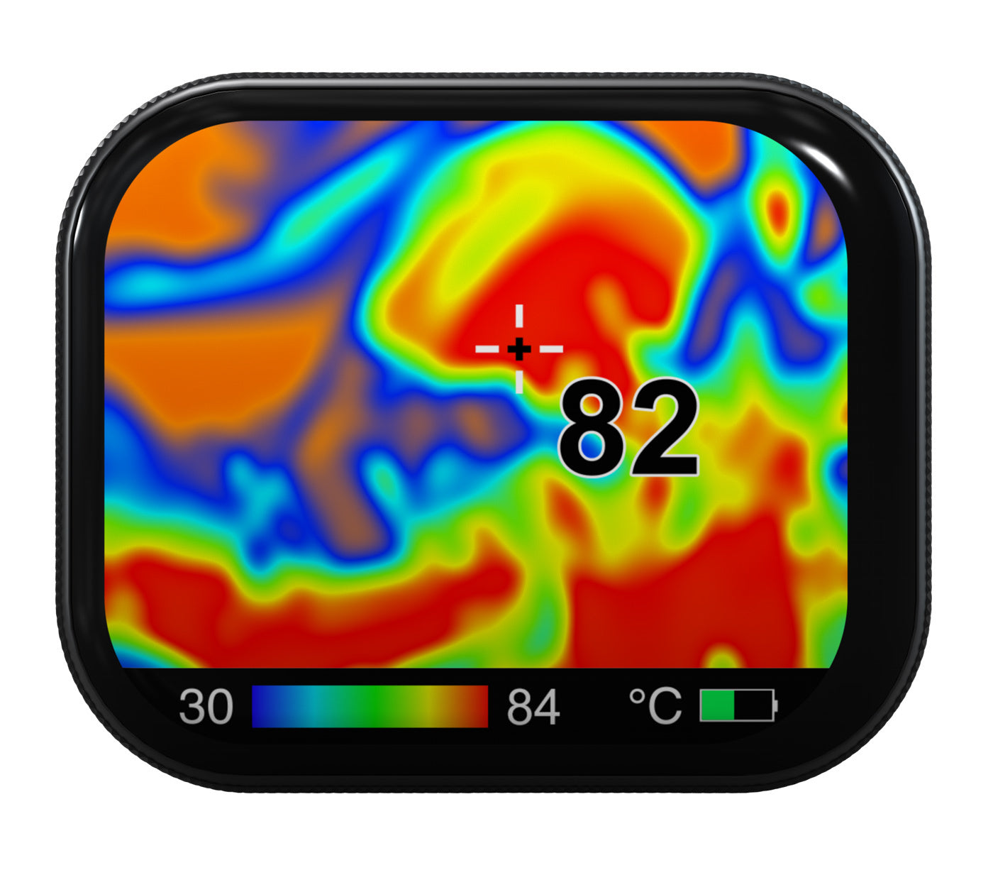Thermal imaging device screen displaying temperature readings with a colorful temperature gradient.