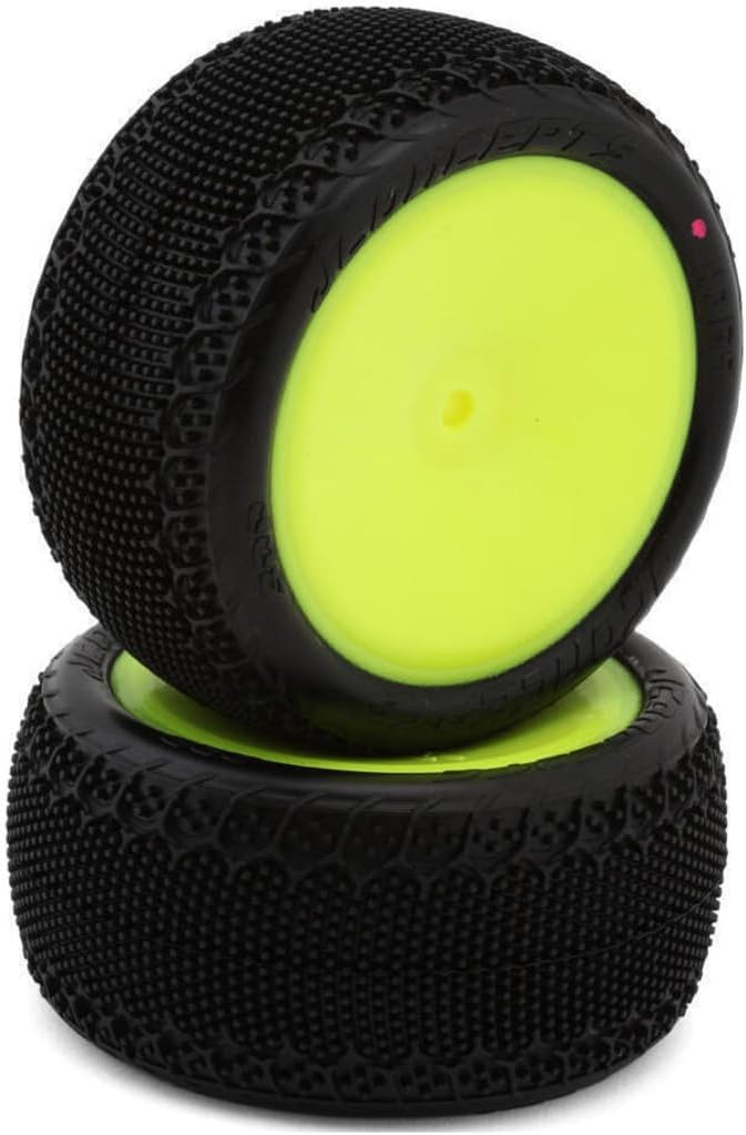 Two black and yellow wheels stacked on top of each other with a white background