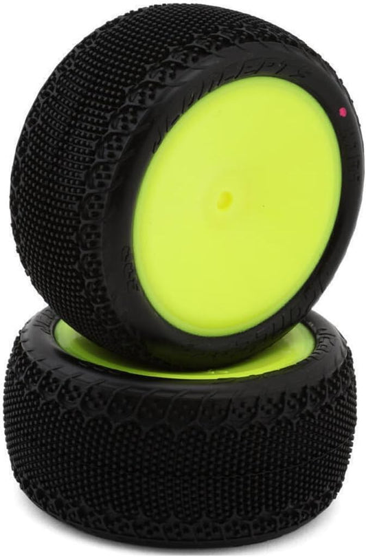 Two black and yellow wheels stacked on top of each other with a white background