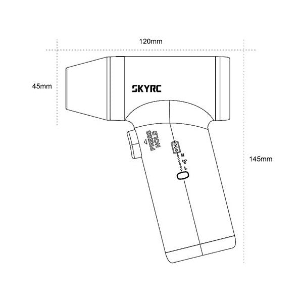Technical drawing of a SKYRC product with dimensions labeled