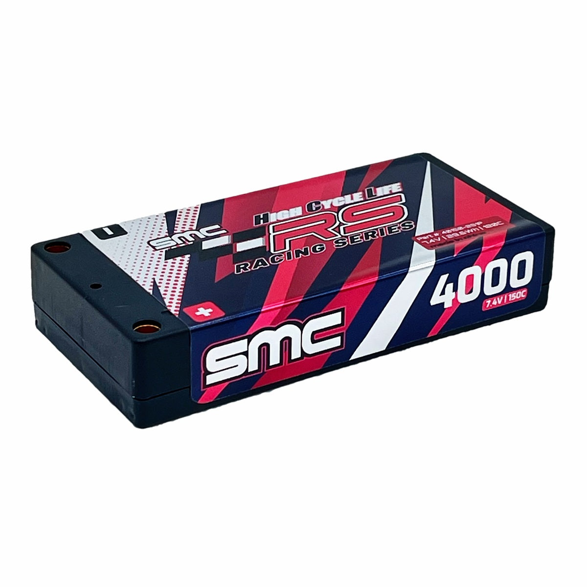 SMC racing series battery pack with red, white, and blue design on a white background